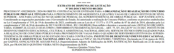 Extrato de contratação do Idecan como banca do concurso SOP CE