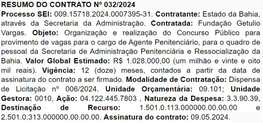 Polícia Penal BA contrata a banca para 287 vagas. Edital iminente! 1 Extrato de contrato da FGV como banca do concurso Polícia Penal BA