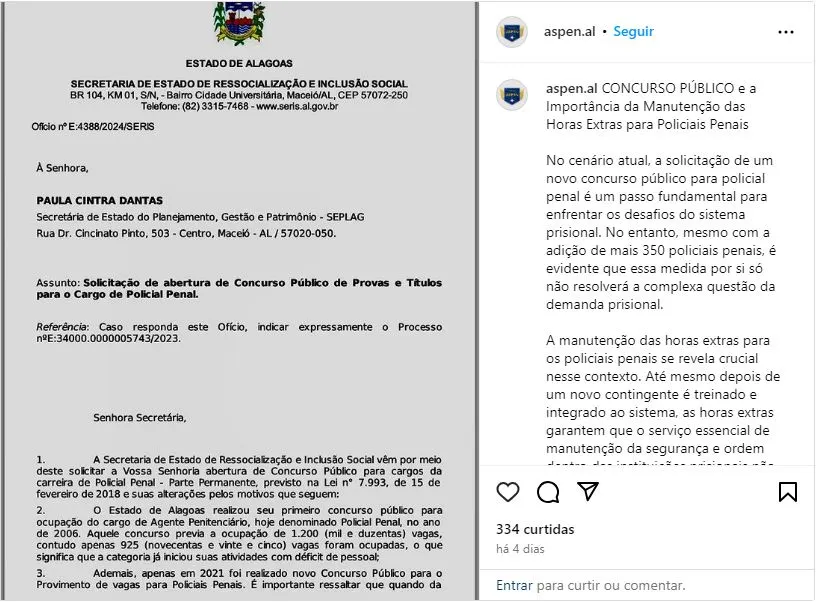 Polícia Penal AL: Aval solicitado para novo edital com 350 vagas! 1 Print de uma das publicações da ASPEN AL com a foto documento e legenda sobre o concurso Policial Penal AL