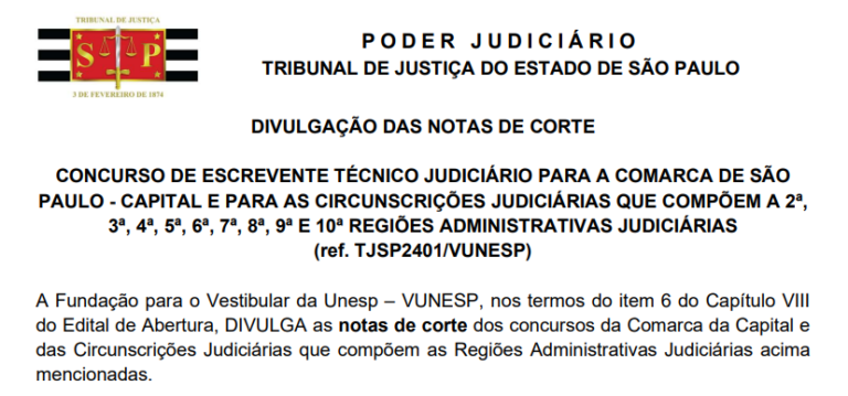 Confira a nota de corte do último concurso TJSP Escrevente! 1 documento publicado que oficializa a nota de corte do último concurso TJSP Escrevente