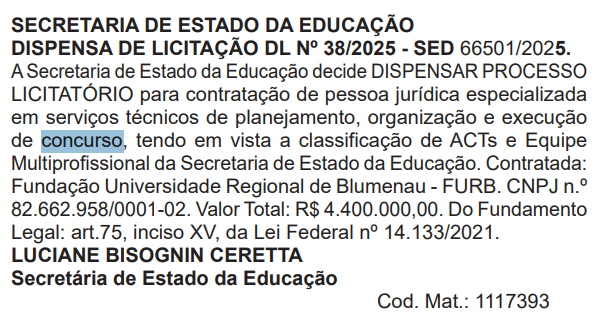 Concurso SED SC: Banca definida! Edital em breve! 1 definição da banca do concurso SED SC
