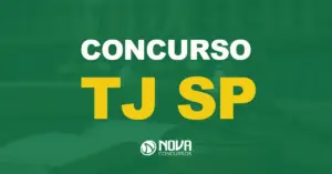 Martelo de madeira e balança de justiça na mesa com texto sobre a imagem escrito Concurso TJ SP