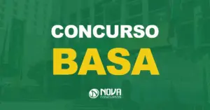 Fachada do Banco da Amazônia com bandeiras hasteadas no canto superior direito e texto sobre a imagem Concurso Basa