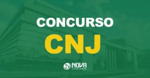 Edifício do Conselho Nacional de Justiça (CNJ) em Brasília com muitas janelas de vidro e texto sobre a imagem Concurso CNJ
