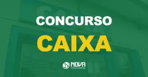 Fachada de uma agência bancária da Caixa Econômica Federal com texto sobre a imagem Concurso Caixa