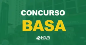 Fachada do Banco da Amazônia com bandeiras hasteadas no canto superior direito e texto sobre a imagem Concurso Basa