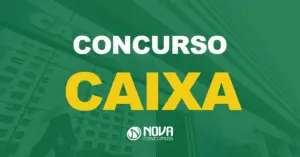 Uma das agências da Caixa com uma mulher caminhando em frente com texto sobre a imagem Concurso Caixa