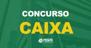 Vista lateral da agência bancária da Caixa Econômica Federal com texto sobre a imagem escrito Concurso Caixa