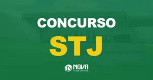 Fachada do Supremo Tribunal de Justiça, em Brasília com texto sobre a imagem escrito Concurso STJ