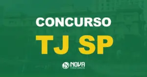 Prédio do Tribunal de Justiça de São Paulo com uma fonte na frente com texto sobre a imagem Concurso TJ SP