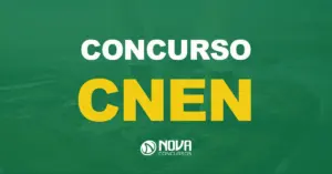 Vista de uma usina nuclear com torres liberando vapor do processo com texto sobre a imagem Concurso CNEN