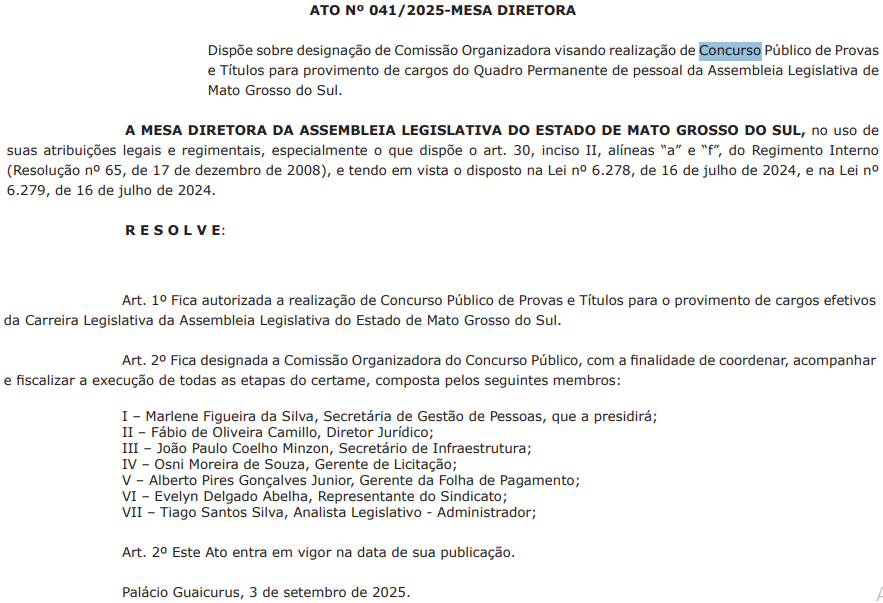 Concurso ALEMS: Comissão formada! Edital em 2025! 1 Documento que oficaliza a comissão organizadora do concurso ALEMS