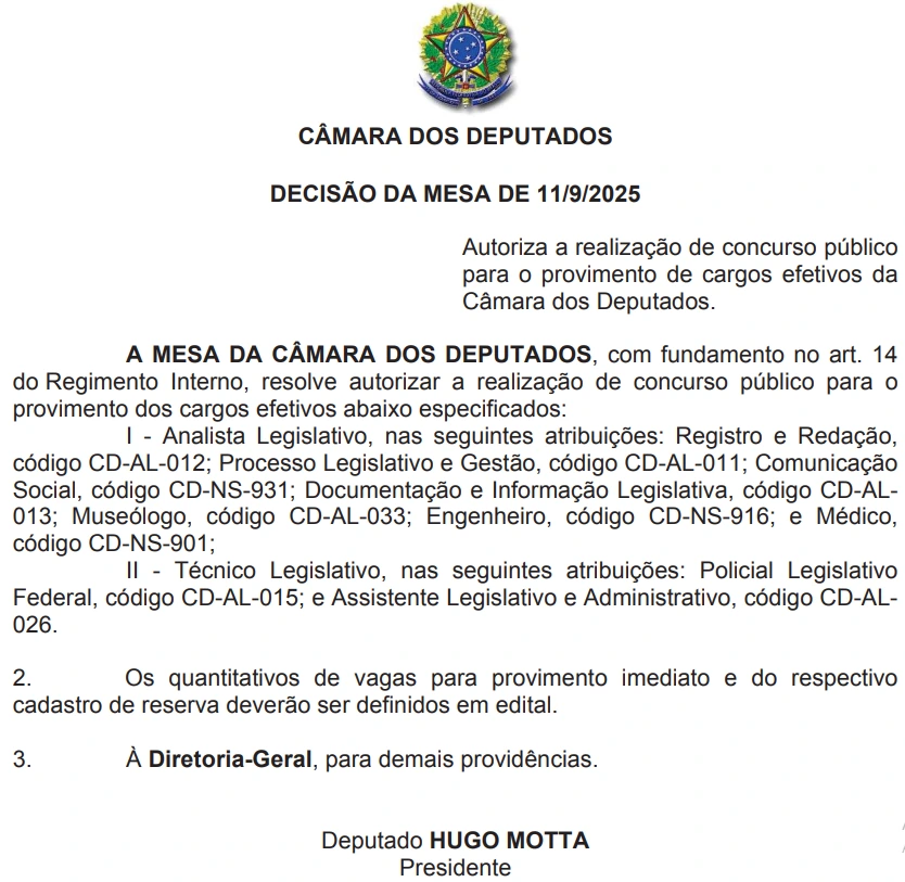 concurso câmara dos deputados/documento que autoriza novo edital