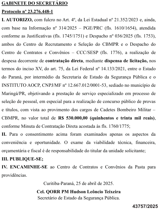 Autorização Banca Concurso Bombeiros PR Cadete