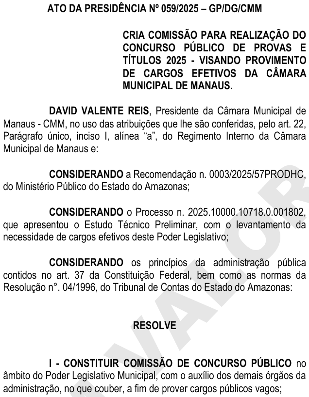 Concurso Câmara de Manaus: Novo edital tem comissão formada! 1 Concurso Câmara de Manaus Comissão