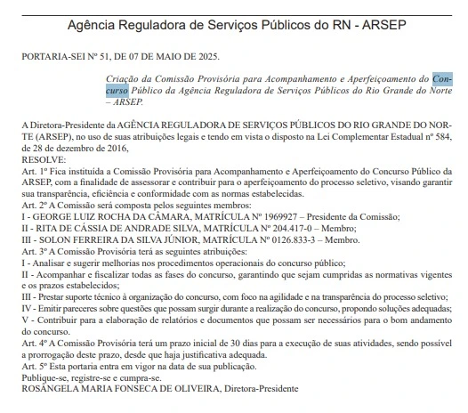 Concurso ARSEP RN: Novo edital tem comissão formada! 1 Foi formada a comissão organizadora do concurso Arsep RN!