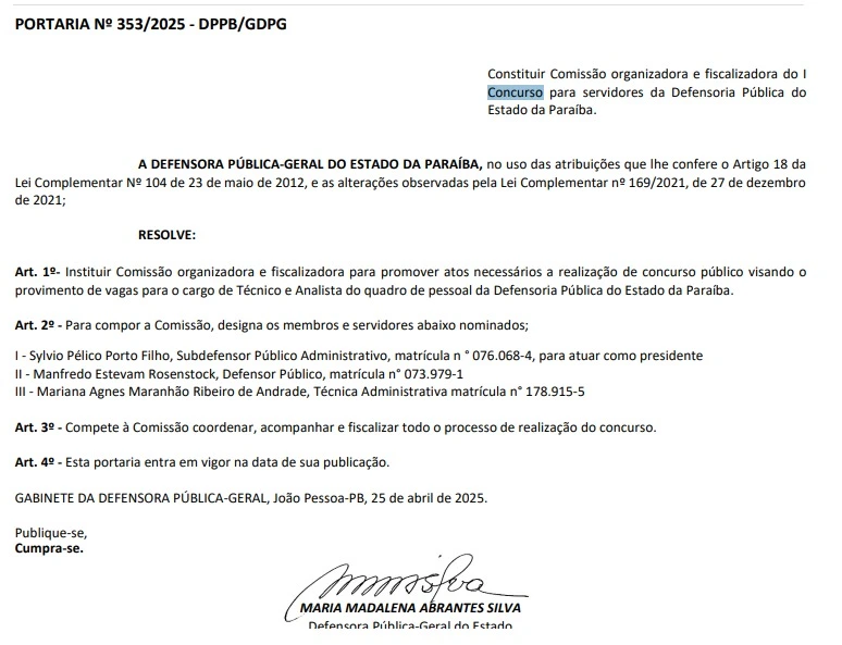 Concurso DPE PB: Comissão formada! Vagas para área de Apoio! 1 Comissão organizadora do concurso DPE PB!