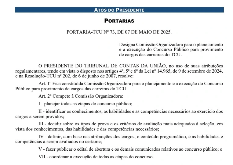 Concurso TCU: Banca em definição! 60 vagas para Técnico e Auditor! 1 Comissão organizadora do concurso TCU!