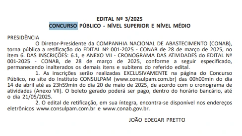 Concurso Conab com 403 vagas tem inscrições prorrogadas! 1 Retificação do concurso Conab publicada no Diário Oficial da União