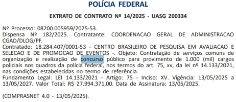 Concurso PF policial: Extrato de contrato publicado! Edital iminente! 1 Documento publicado no Diário Oficial da União que oficializa a banca Cebraspe como responsável do concurso PF polical