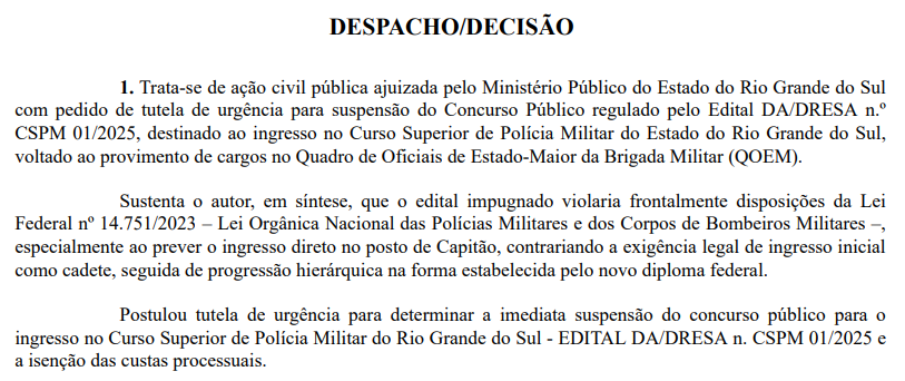 Concurso Brigada Militar RS: Justiça suspende edital para Oficiais! Entenda! 1 decisao brigada militar