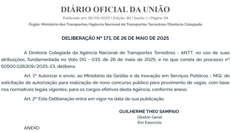 Concurso ANTT: Novo edital será solicitado com 381 vagas! 1 Pedido oficial de autorização ao Ministério da Gestão e da Inovação em Serviços Públicos sobre um novo concurso ANTT