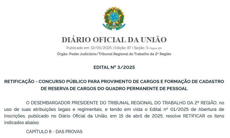 Concurso TRT SP: Retificação inclui curso de formação para Agente Policial! 1 documento retificacao