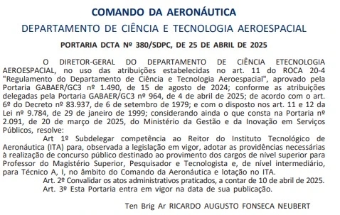 Concurso ITA Aeronáutica: Comissão formada! 110 vagas! 1 Comissão organizadora do concurso ITA Aeronáutica foi formada!