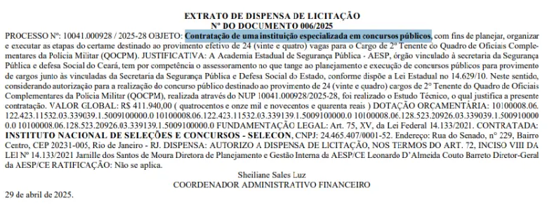 Concurso PM CE tem banca definida para Oficiais! 1 Contratação da banca organizadora do concurso PM CE