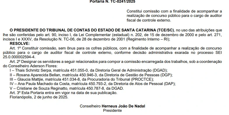 Concurso TCE SC: Comissão formada! Edital em breve! 1 Comissão organizadora do concurso TCE SC foi formada!