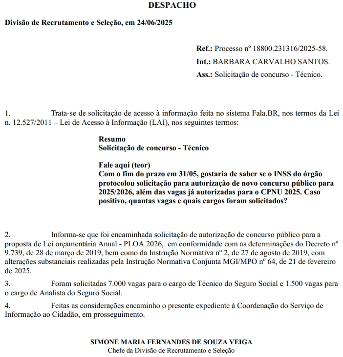 Concurso INSS para Técnico está em análise, diz MGI! Confira! 1 Documento de solicitação do novo concurso INSS