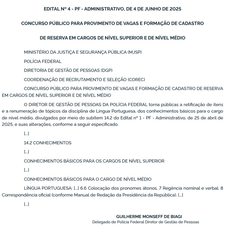 Retificação do concurso PF Administrativo na íntegra