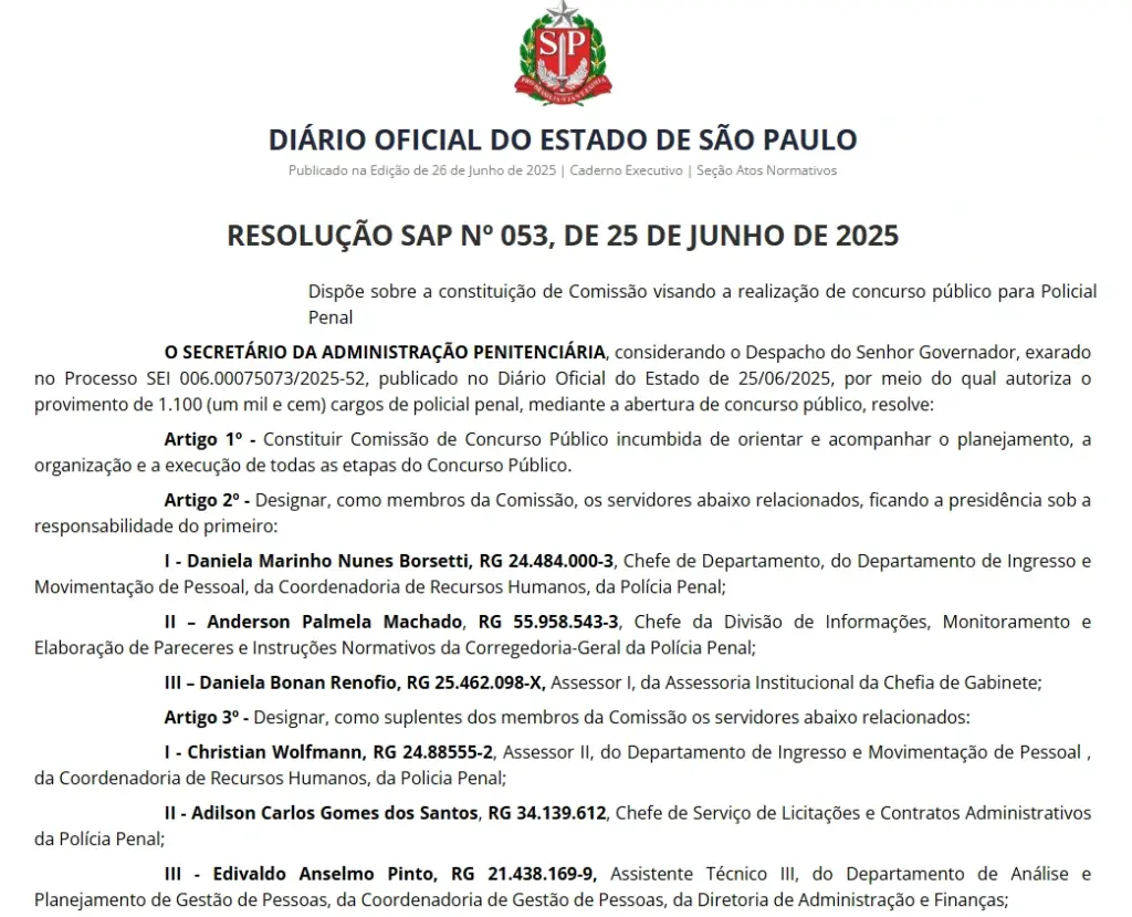 Concurso SAP SP tem comissão formada para 1.100 vagas na Polícia Penal! 1 Documento que oficializa a comissão organizadora do concurso SAP SP
