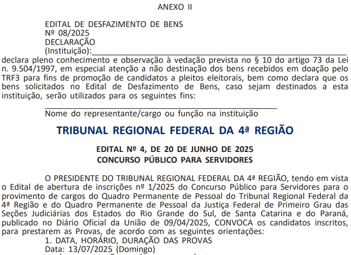 Concurso TRF4: Locais de prova são divulgados! 1 Documento de convocação para as provas do concurso TRF4