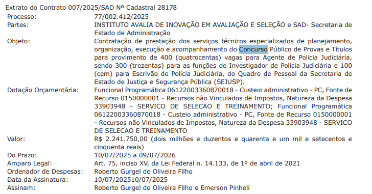 Concurso PC MS 2025: Edital em setembro! 400 vagas! 1 extrato de contrato com a banca do concurso pc ms