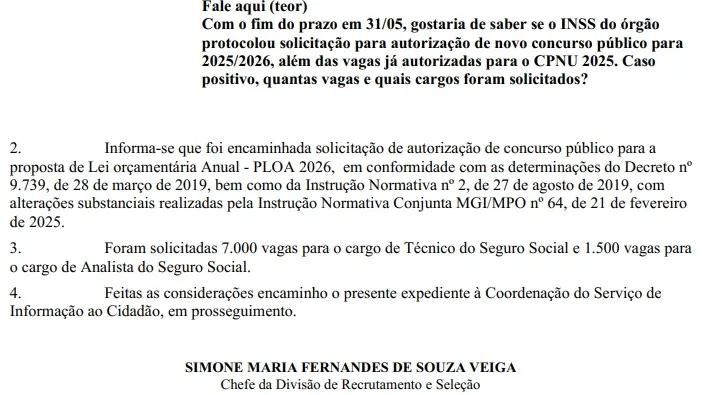 Concurso INSS: ainda vai ter edital em 2025 para nível médio? 1 solicitação de vagas do concurso INSS