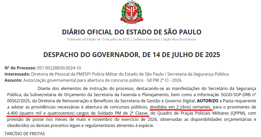 Concurso PM SP Soldado 2025: Edital autorizado! 4.400 vagas! 1 autorização do concurso pm sp soldado 2025