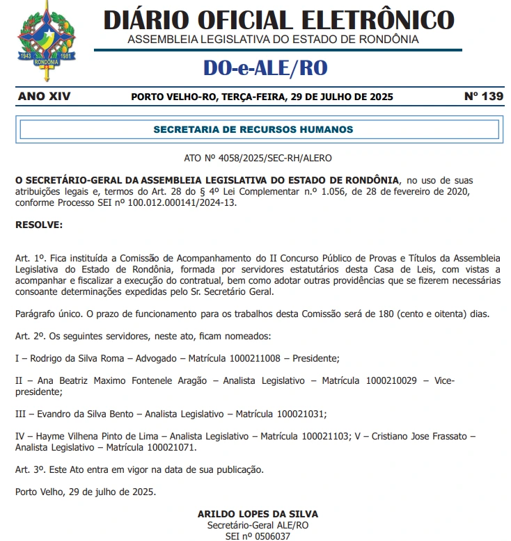 Documento de definição da comissão organizadora do concurso ALERO