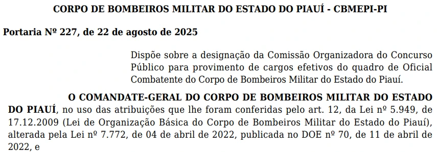 Concurso Bombeiros PI: Comissão formada! 40 vagas! 1 Comissão organizadora do concurso Bombeiros PI formada