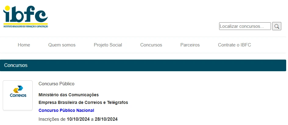 Página de inscrição do concurso correios 2024