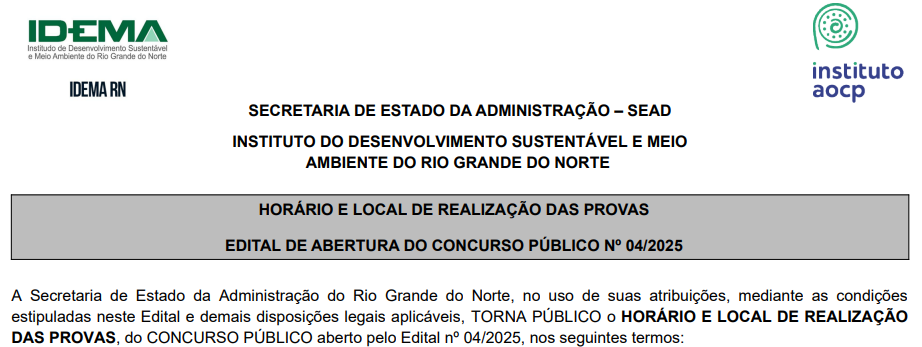 documento oficial de consulta ao local de prova do concurso Idema RN