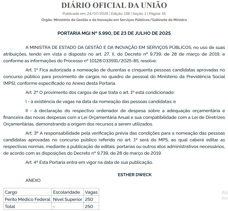 Nomeação do concurso INSS Perito
