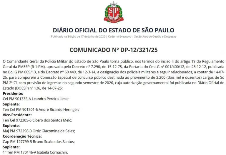Concurso PM SP: Novo edital com 2.200 vagas em agosto? Entenda! 1 Comissão organizadora do concurso PM SP