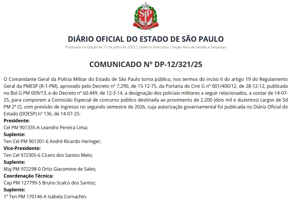 documento que oficializa a comissão do concurso PM SP 2025