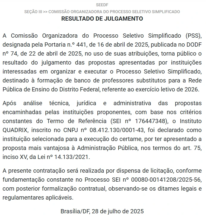 Concurso SEDF: Instituto Quadrix será a banca do próximo edital! 1 Documento publicado no Diário Oficial sobre o concurso SEDF