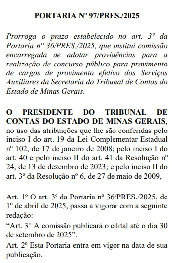 Documento de prorrogação do prazo de publicação do edital concurso TCE MG