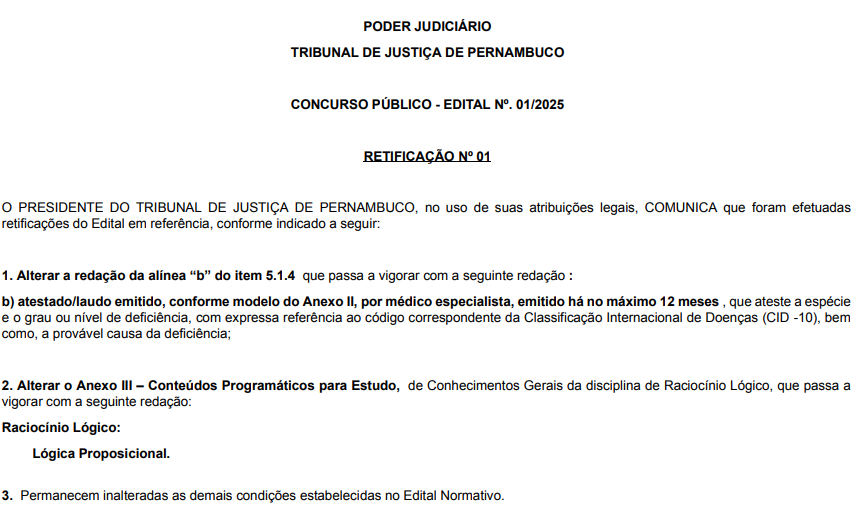 Documento de retificação do edital do concurso TJ PE