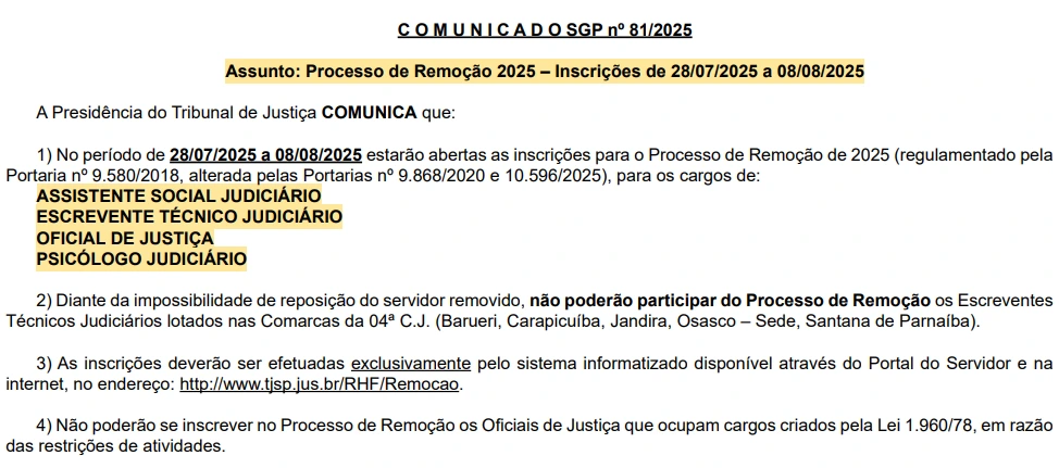 Comunicado oficial sobre o Processo de Remoção 2025 do concurso TJ SP