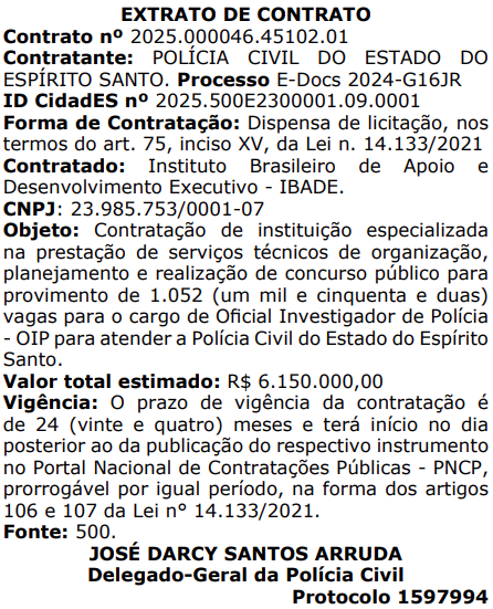 Concurso Polícia Civil ES: Banca definida! 1.052 vagas! 1 Extrato de contrato do concurso Polícia Civil ES!