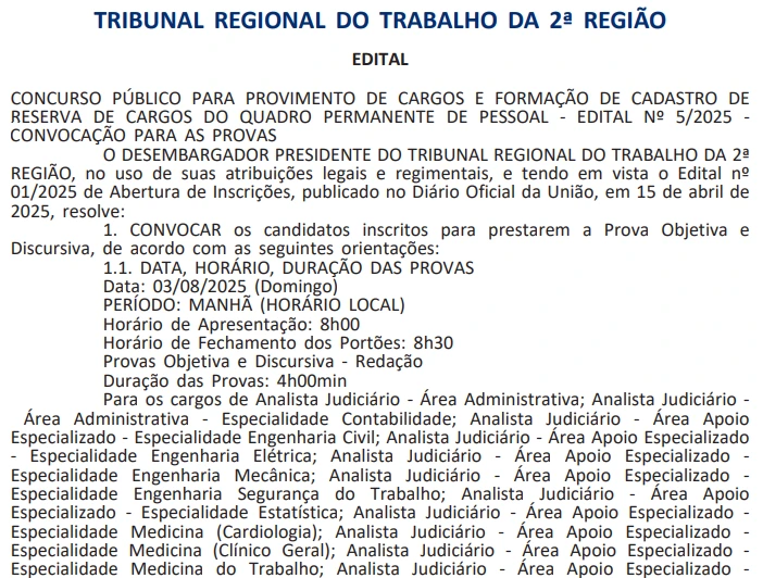 convocação para as provas do concurso TRT 2